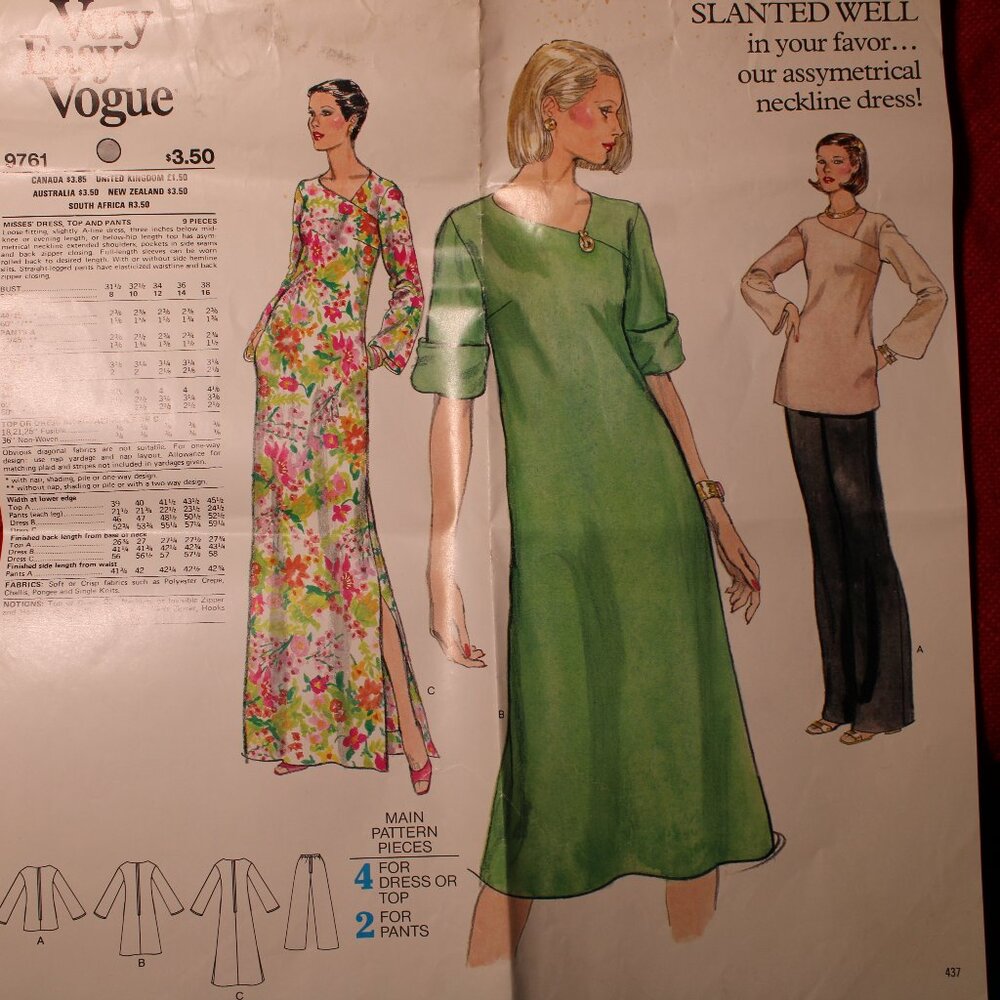Sewing Pattern Vogue Asymmetrical Top, Dress & Pants Size 8
